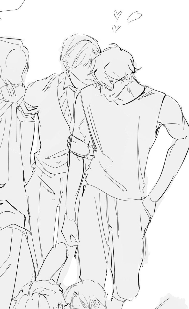 a black and white sketch depicting two young men embracing.  the style is reminiscent of anime or manga, with soft lines and a focus on the characters' emotional connection.  small hearts float above their heads, suggesting affection. one man is wearing a collared shirt and trousers; the other is wearing a sleeveless shirt and trousers.  several other indistinct figures are partially visible in the background.  the overall mood is intimate and tender.
