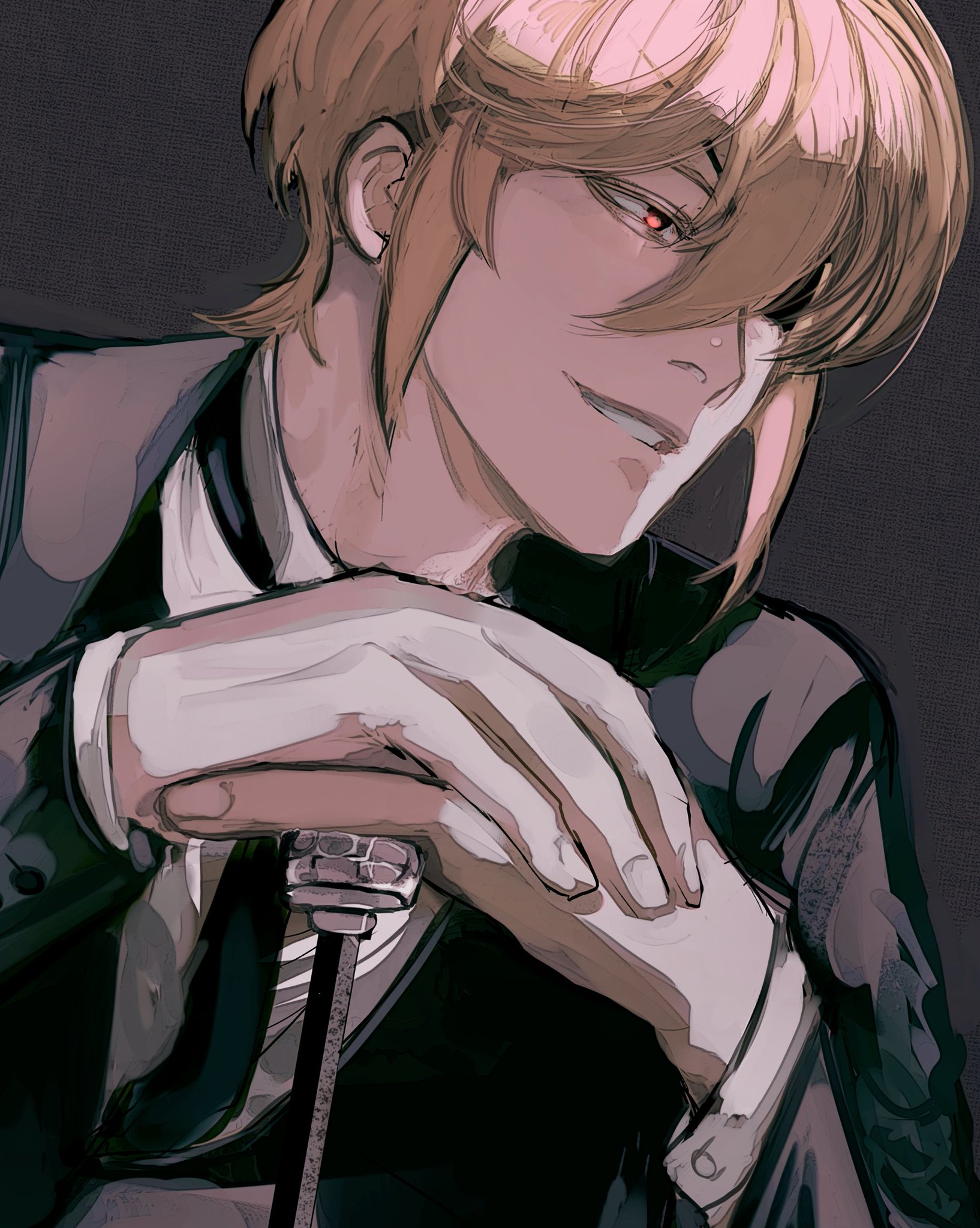 the image is a digital illustration of a male anime character. he has blond hair and red eyes. he is wearing a black suit and has a smirk on his face. he is holding a cane in his hands. the image is set against a dark background. the character appears serious, elegant, and mysterious. the artwork is done in a digital style.