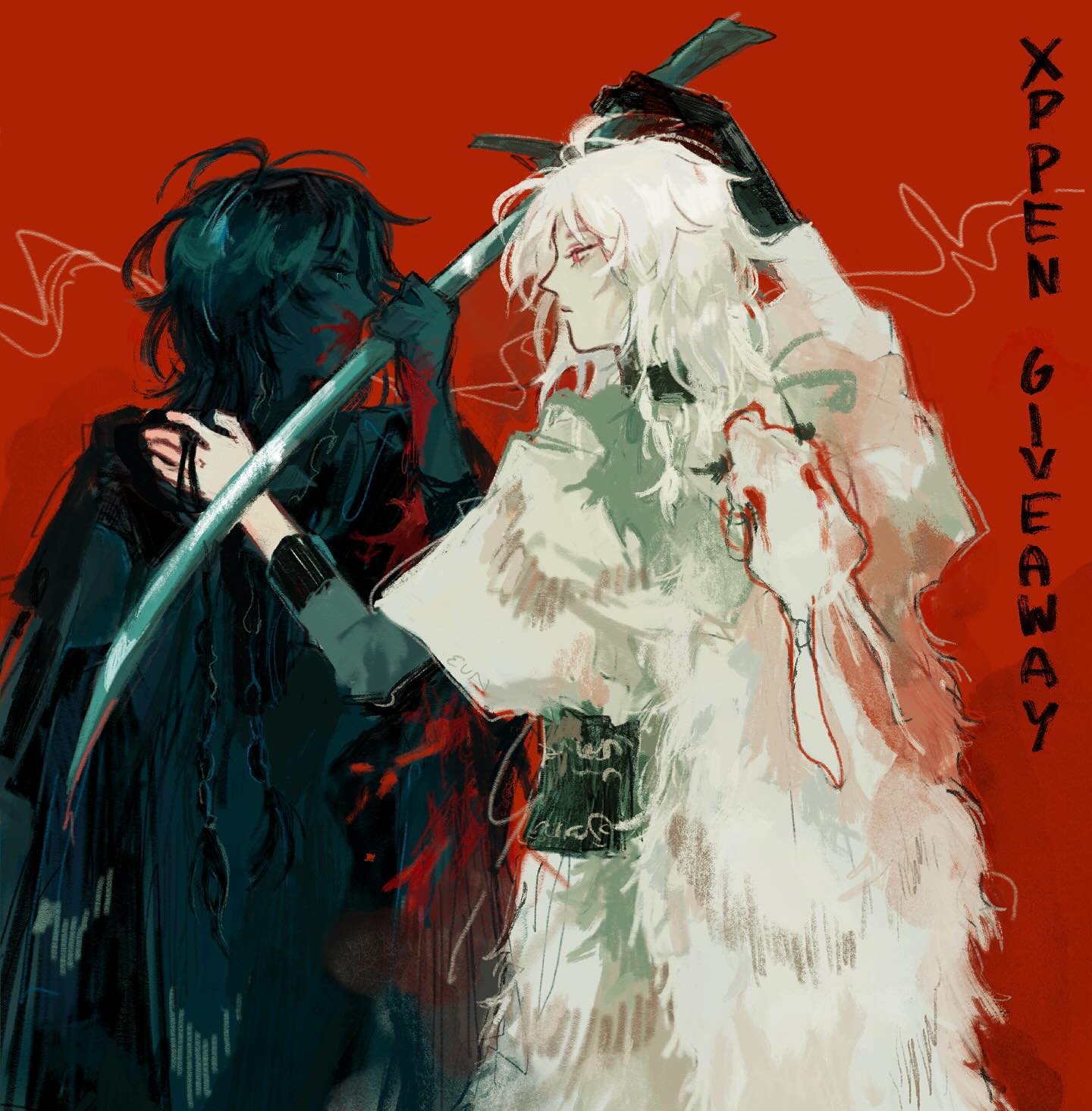 the image is a digital painting or illustration featuring two animestyle characters engaged in a dramatic scene. one character has long, dark hair and wears dark clothing, while the other has long, white hair and wears lighter, more flowing garments.  they appear to be in some form of confrontation or fight, with a katana or long sword prominently featured between them.  the background is a solid, deep red, which contrasts sharply with the characters' clothing. the style is expressive and painterly, with visible brushstrokes and a focus on dynamic movement and emotion. text overlayed on the image indicates an "xp pen giveaway," suggesting this piece is promotional art.