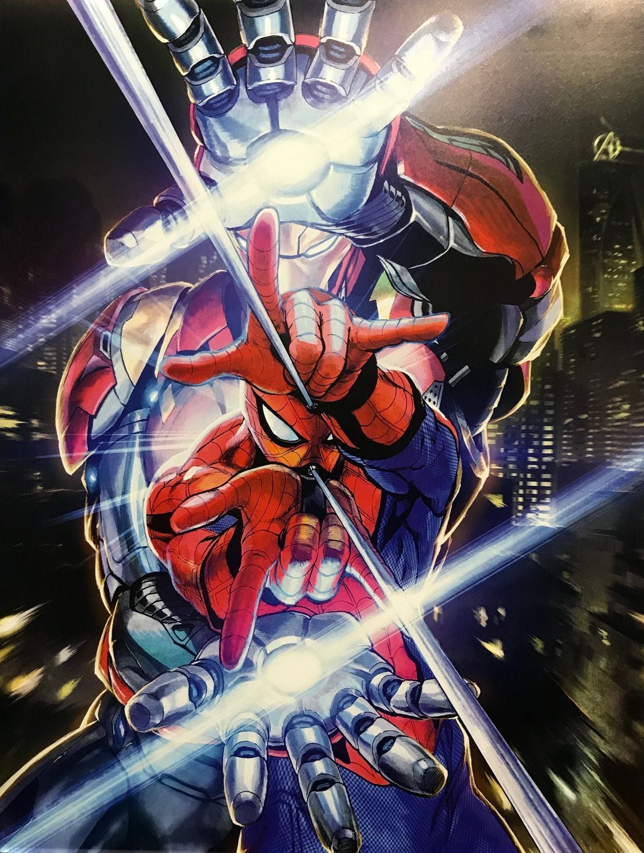 this is a comic book illustration of iron man and spiderman fighting. they are both in their respective suits, and iron man is firing a beam of energy from his hand. the two heroes are in the middle of a battle, with the city skyline in the background. the illustration is very dynamic and full of action.