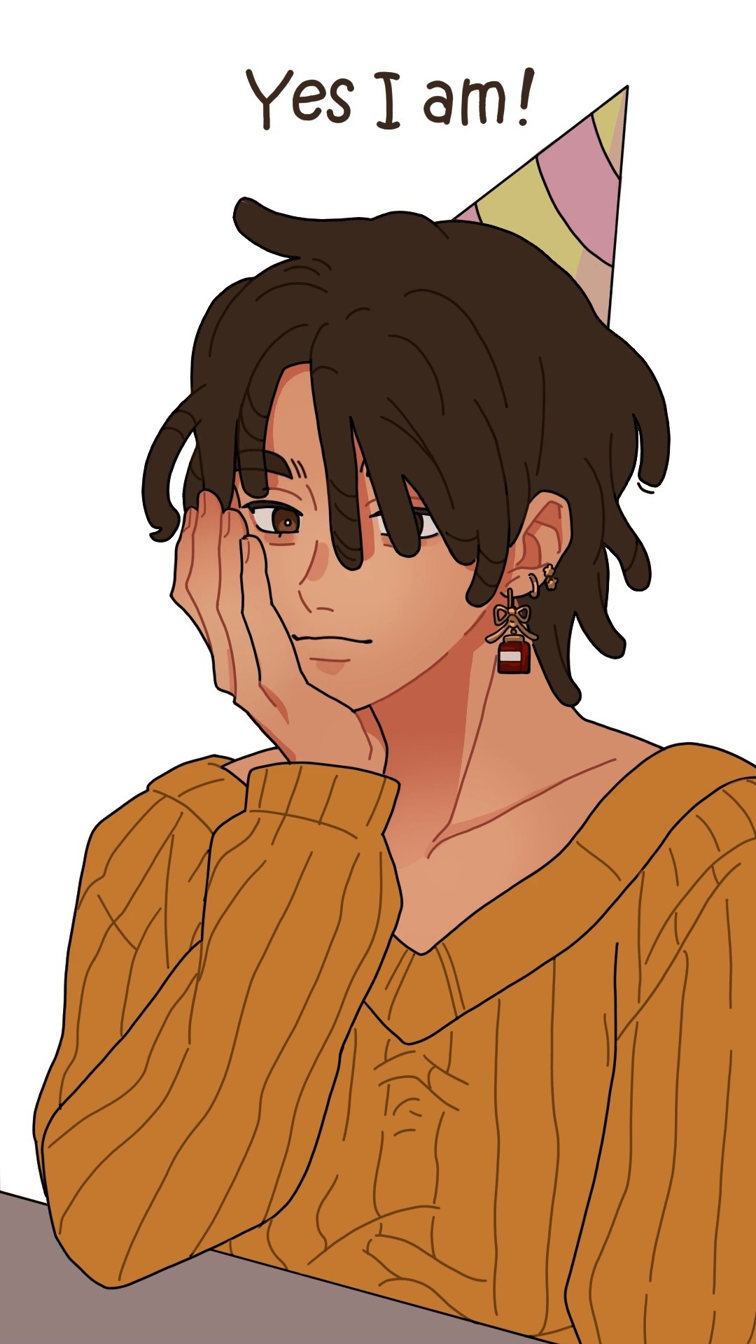 a cartoon illustration of a young man with brown dreadlocks wearing an orange knit sweater and a party hat. he's looking thoughtfully and has a slightly shy expression, hand on his cheek. the words "yes i am!" are written above him. the style is reminiscent of anime or manga.