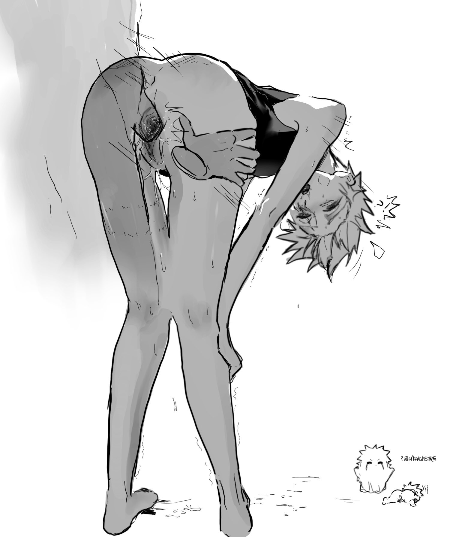 a grayscale mangastyle drawing depicts a young man bending over with his buttocks exposed, appearing to have just engaged in sexual activity. his body is slightly wet, suggesting perspiration or other fluids. a smaller, cartoonish creature is visible in the lower right corner. the background is simple, consisting primarily of a wall and the ground. the overall style is suggestive and explicit in its depiction of sexuality.