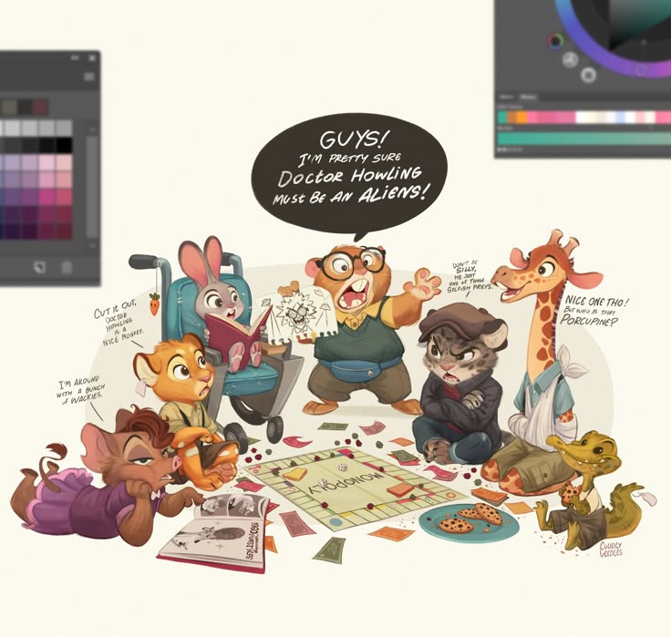 a group of anthropomorphic animals are gathered around a monopoly board. the characters appear to be inspired by zootopia. a gopher wearing glasses is exclaiming that doctor howling must be an alien, while holding a drawing. a rabbit in a wheelchair is reading a book. other characters include a lion, bat, cat, giraffe, and alligator, all exhibiting various expressions. a speech bubble above the group contains the gopher's statement. a color palette from adobe photoshop is visible in the upper left corner.