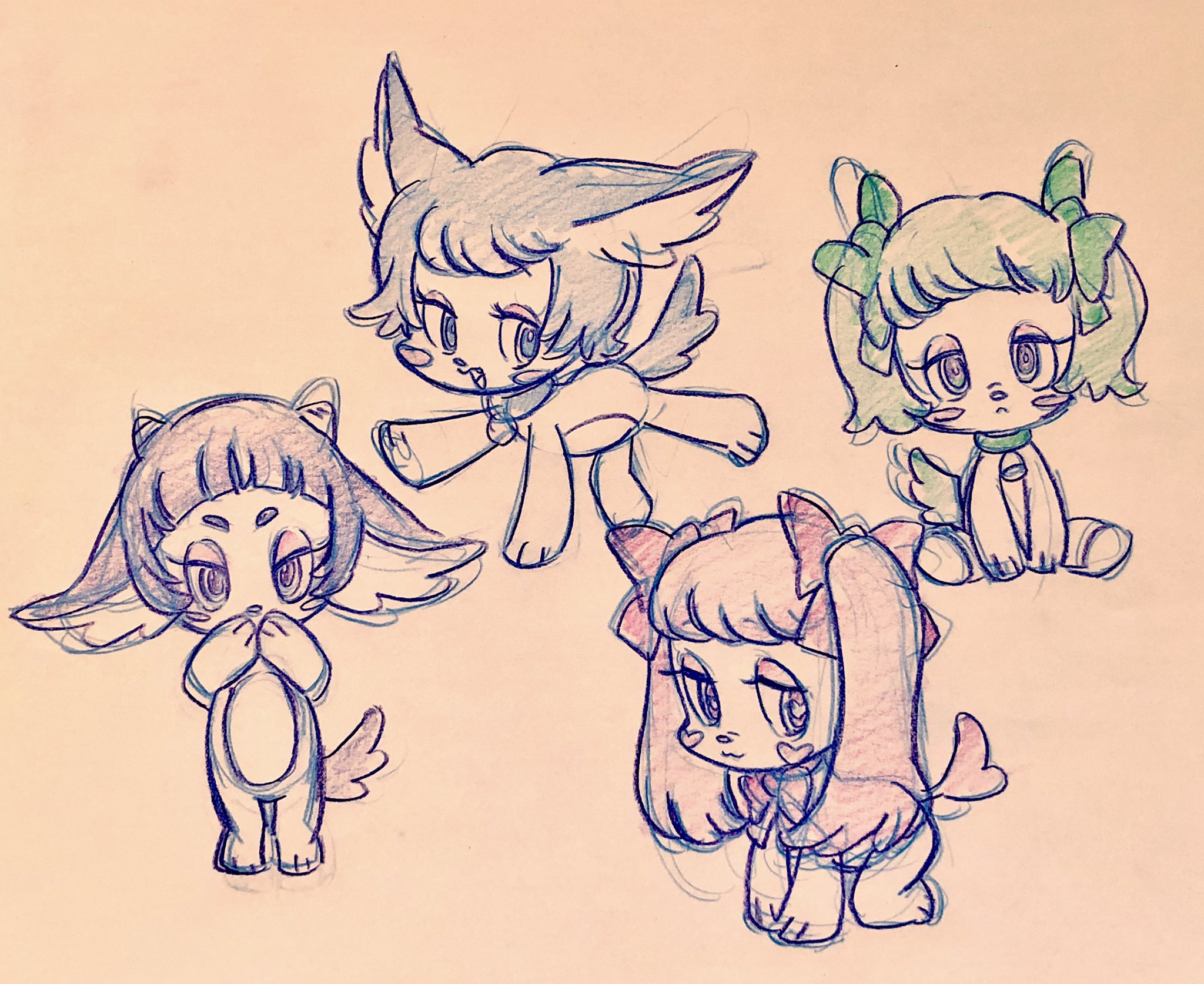 a scanned in drawing of four different colored canine characters drawn in a cute and simple style.  the canines have big eyes and wear bow accessories. the background is a light cream color.