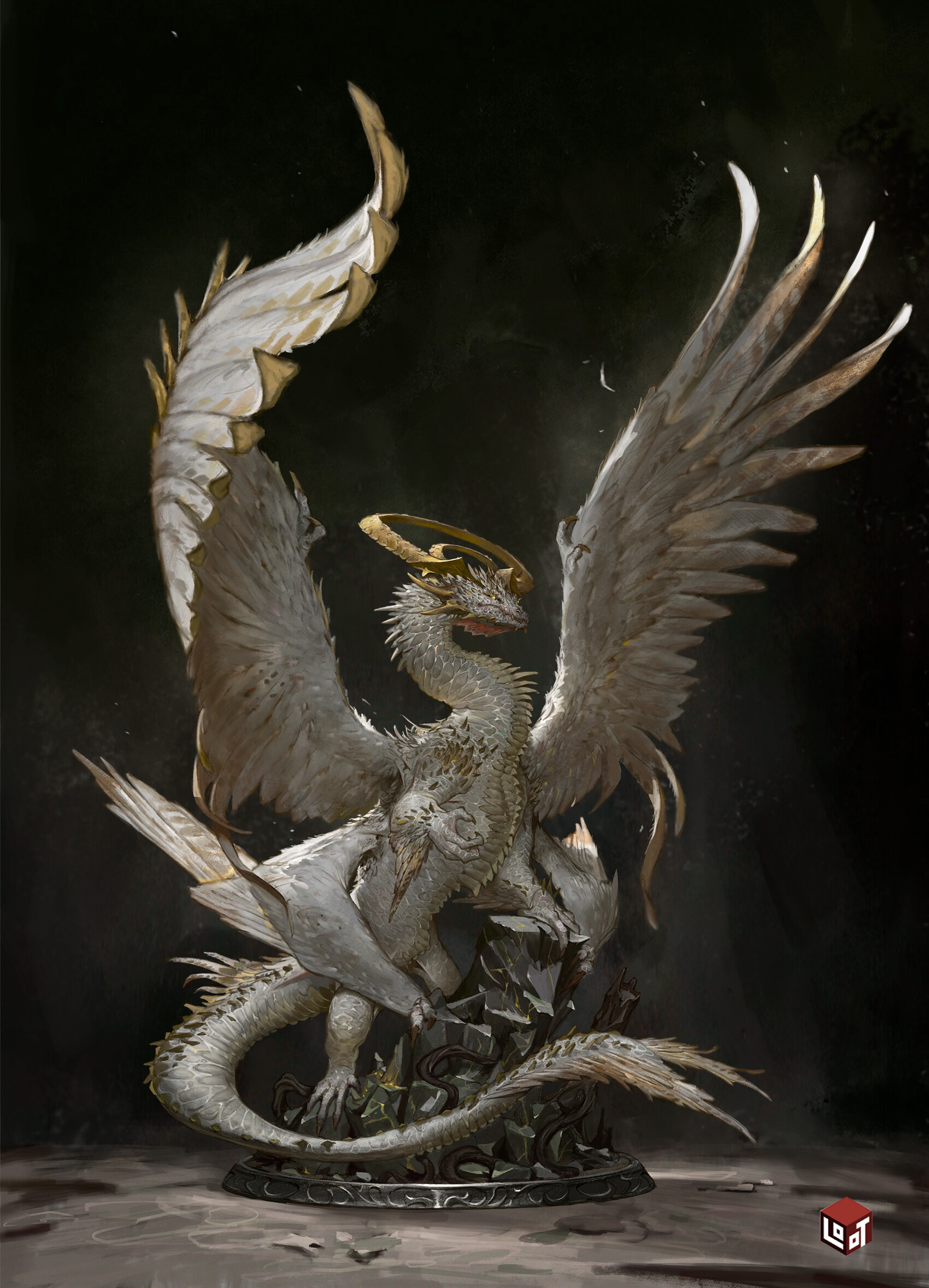 the image showcases a meticulously detailed sculpture of a white dragon, its posture reminiscent of heraldic imagery.  its wings, tipped with gold, are spread wide, framing the creature. atop its head sits a simple golden halo, introducing an element of the divine or angelic to its draconian form. the dragon perches upon a pile of dark, stylized rocks that serve as its base, further emphasizing its grandeur. the background is a stark, dark void, drawing all attention to the sculpture and enhancing the dramatic lighting. the overall aesthetic leans into a sense of dark fantasy, blending the majestic with the ominous.