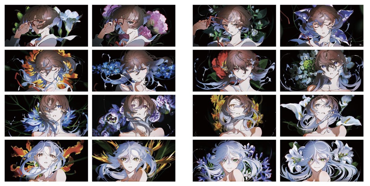 the image features 16 individual panels, each showcasing a portrait of an animestyle woman with flowing brown hair that fades into white towards the ends. she is set against a black background and surrounded by an array of colorful flowers in various hues. the woman wears a simple white garment, and her expression is melancholic yet captivating, with a prominent focus on her bright, almost glowing eyes. the lighting is dramatic, casting shadows and highlighting the contrast between the bright flowers and the dark background, creating an overall ethereal and somewhat somber mood.