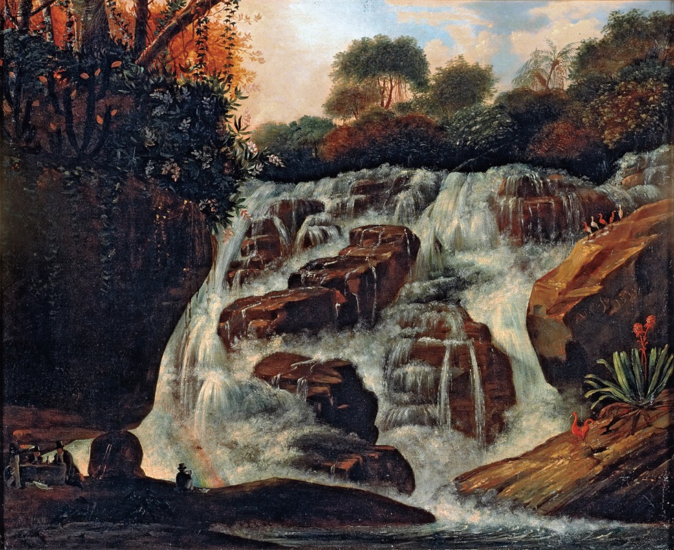 the image is a painting of a waterfall cascading over rocks in a lush, tropical landscape. the waterfall dominates the center of the image, with water flowing over dark brown rocks. dense foliage and trees surround the waterfall, with some trees reaching towards the sky. there are birds perched on a rock on the right side of the waterfall. in the lower left corner, there are small figures of people. the sky is visible in the upper portion of the painting, with some clouds. the overall scene depicts a natural, picturesque environment.