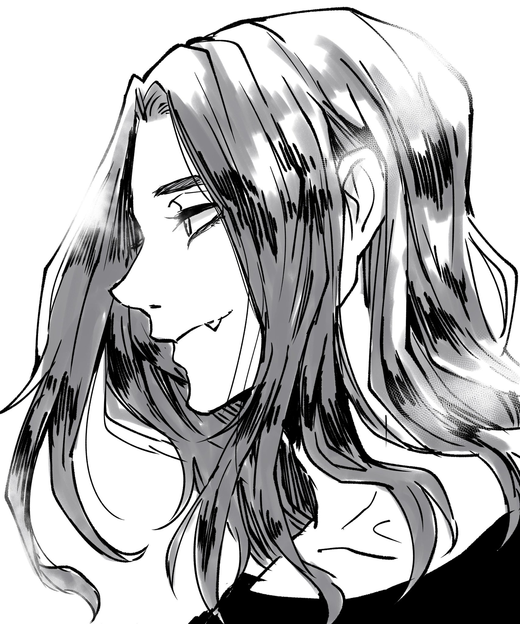 this is a black and white drawing of an anime girl with long black hair. she is looking to the right of the image, her face is partially obscured by her hair, and her mouth is slightly open as if she is about to say something. she is wearing a black top and her hair is flowing down her back. the drawing is done in a sketchy style and is very detailed.