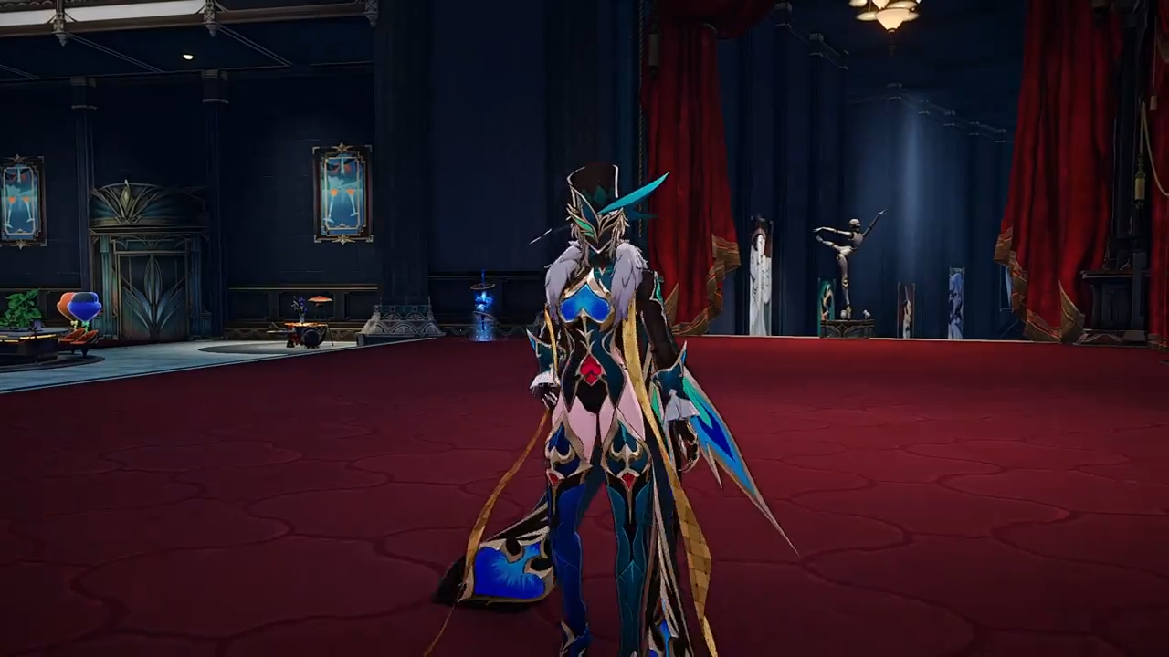a female character from a video game stands in an elegant, dark interior. she wears a black and blue armor, with golden accents, and a large blue hat with a feather. the character is wielding a sword, and the scene is lit dramatically with light shining from behind her.
