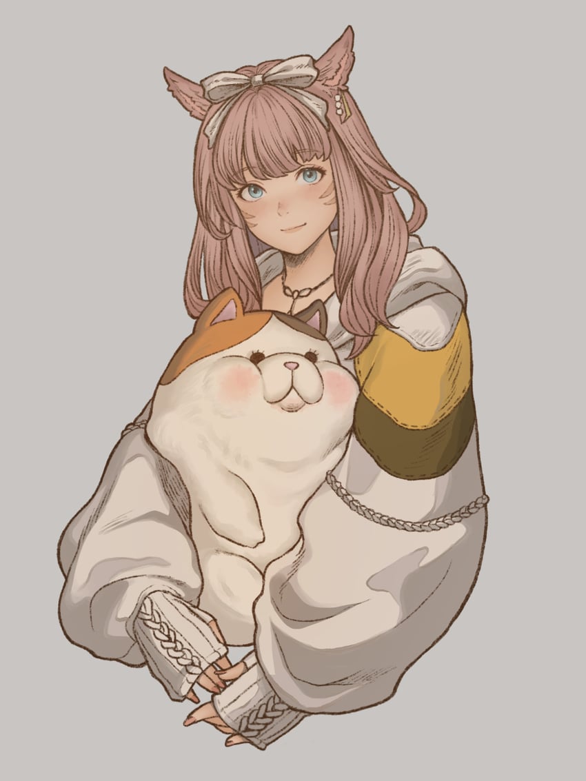 the image shows a young woman with pink hair and cat ears.  she has blue eyes and is smiling slightly. she is wearing a white and yellow sweater and is holding a large, fluffy white and orange cat plush.