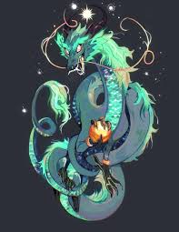 the image shows an illustration of a serpentine, eastern style dragon in shades of teal and turquoise blue.  the dragon appears to be emerging from a stylized burst of light in the shape of a fourpointed star.  the background is a dark, bluegrey. the style of the artwork is modern fantasy.