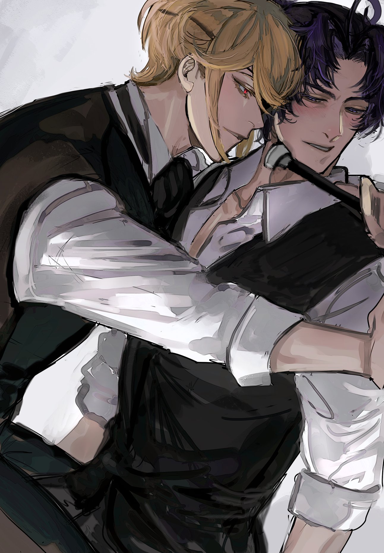 this is an image of two anime boys. the boy on the left is blonde with a red eye and is wearing a black suit. the boy on the right has dark blue hair, light skin and is wearing a white shirt with a black apron. they're hugging each other and it looks like the blond boy is leaning in to kiss the other one. the background is a blurry grey, suggesting a lighthearted moment. the art style is very soft and the colors are muted.