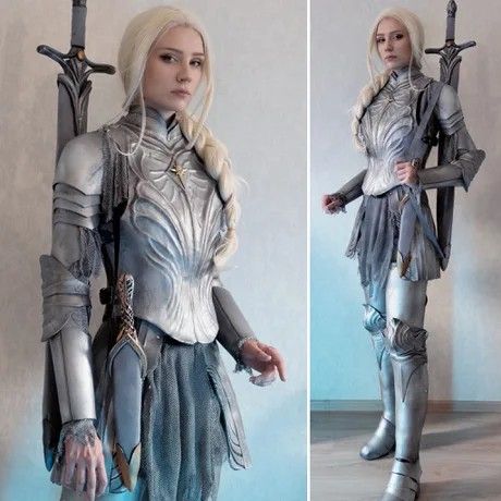 two images are combined, both featuring the same woman in a fantasy warrior costume. on the left, she is shown from the chest up, while on the right, she is shown in a fullbody shot. the woman has blonde hair styled in a braid and wears silver armor. a sword is positioned behind her back, and she has a serious expression on her face. the costume and setting suggest a medieval or fantasy theme.