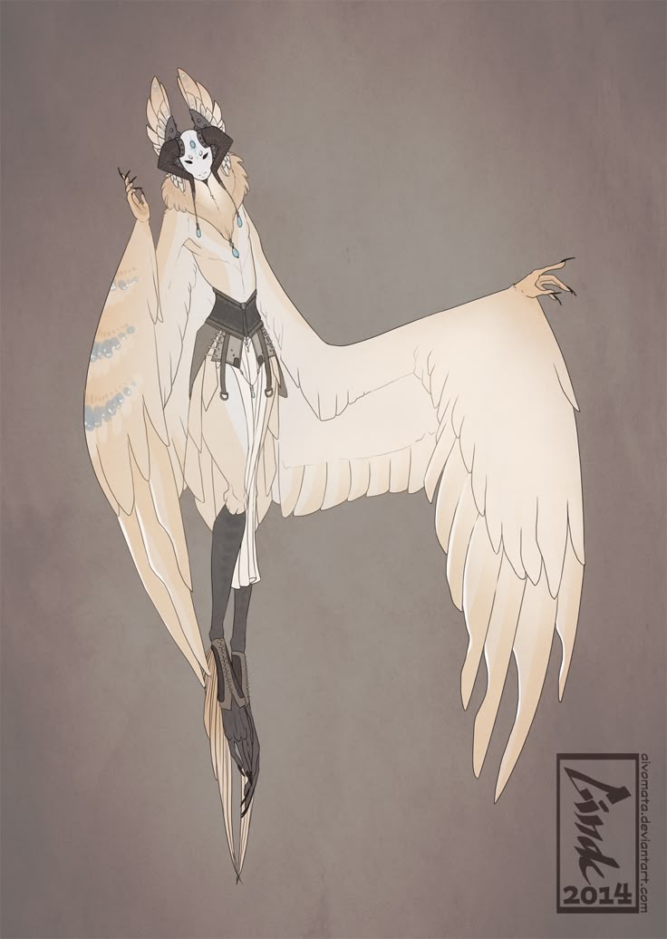 a drawing of a mothlike humanoid figure with large wings. the figure is wearing a mask, a corset, and a feathery collar. it has sharp claws and a slender body. the overall style is fantasyoriented.