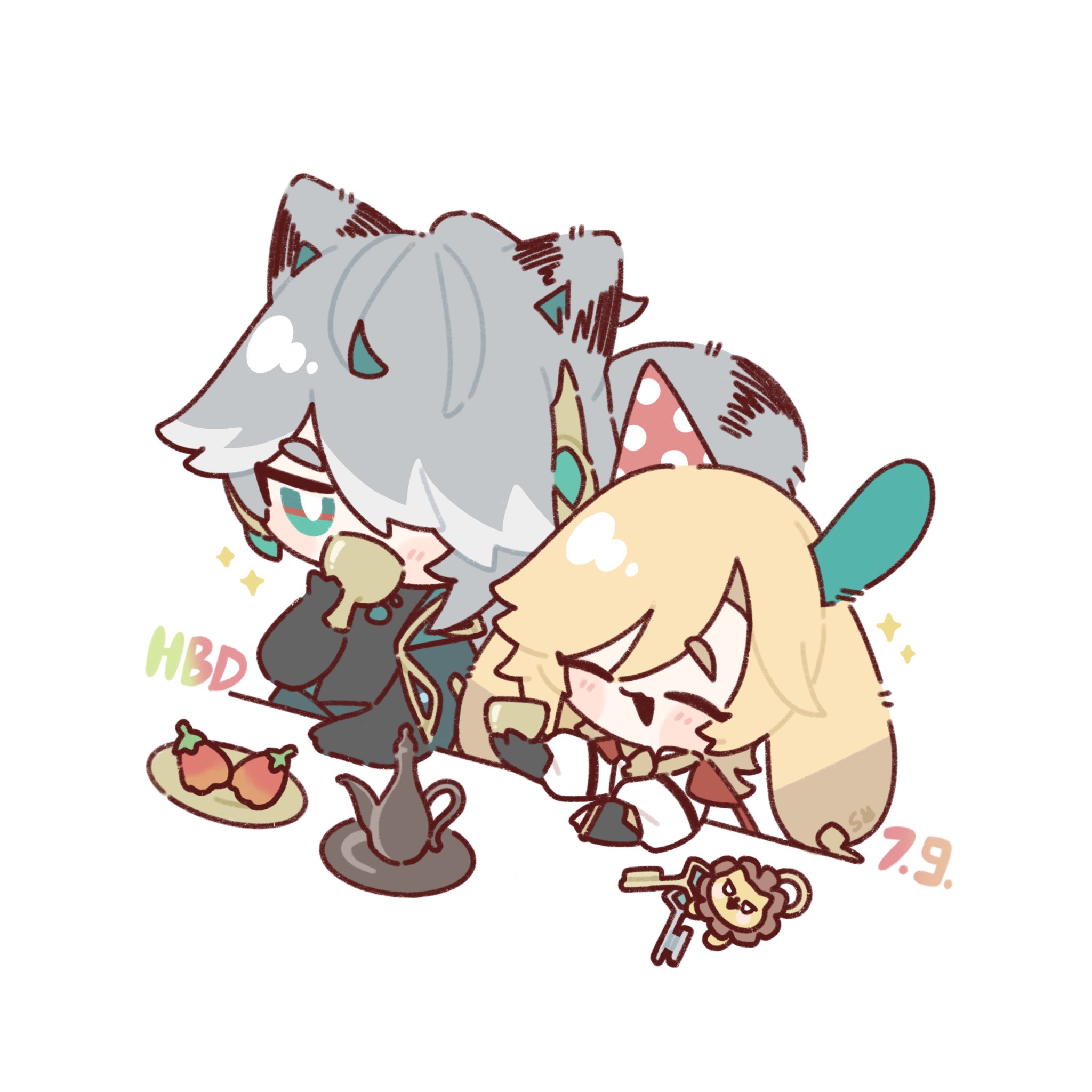 this is a cute chibistyle fanart of itto and albedo from genshin impact celebrating a birthday with a tea party. they are both drawn in a simplified, adorable style, with exaggerated features and bright colors.  albedo is sitting to the left and itto is slightly behind him, both enjoying cups of tea. there are small details such as strawberries and a teapot on the table between them, along with a small birthday hat on itto. the overall mood is joyful and celebratory.  the artist's signature "7.9." is visible in the bottom right corner. the words "hbd" (happy birthday) are also present near the characters.