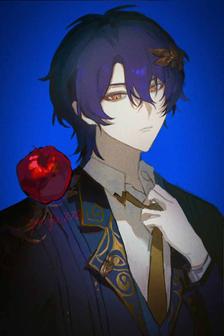 the image is a digital painting or illustration of a young animestyle male character. he has dark purple hair, red eyes, and is wearing an elegant dark blue coat with gold ornate detailing. he is adjusting his gold tie and has a red apple on his shoulder. the background is a solid deep blue. the style is dark, mysterious, and sophisticated. the artwork is highly detailed and shows a high level of skill.
