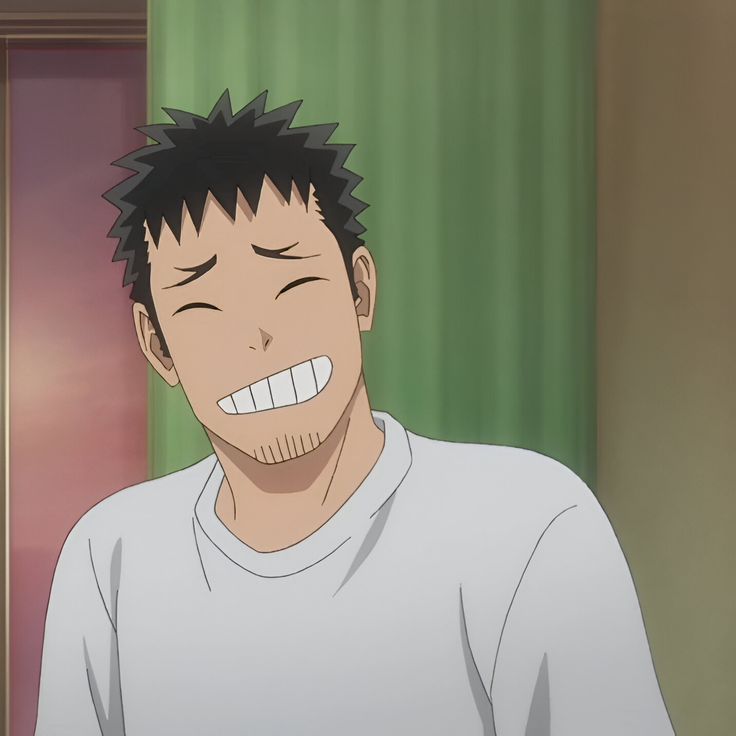 a young man with short, spiky black hair and a happy expression. he's wearing a white tshirt and has visible stubble on his chin. the background suggests he's indoors, likely in a home setting.  content: man, smile, portraitpeople: man environment: indoorlighting: soft perspective: frontalkw: happy, anime, male, character, closeup