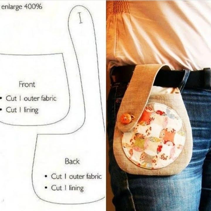 the image shows a sewing pattern for a pouch alongside a finished pouch attached to a pair of jeans with a belt. the sewing pattern includes shapes for the front, back, and a loop, and instructions to cut each from outer fabric and lining. the finished pouch is made from a neutral colored fabric with a circular patterned fabric stitched onto the front. it is secured with a button.