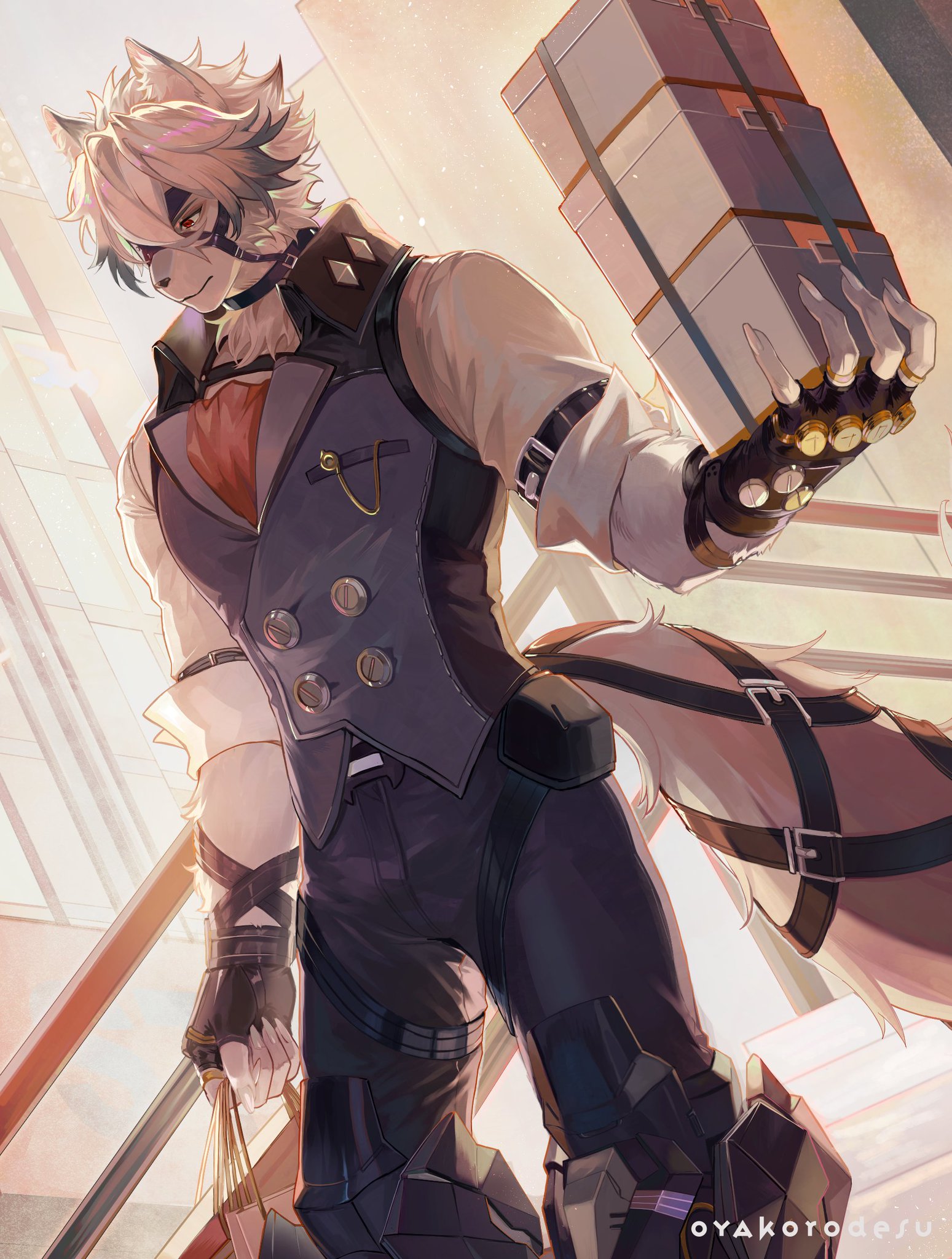 a white wolf anthro man in a formal vest and trousers is carrying a stack of boxes on his arm.  his right arm is covered by a mechanical glove.  he is in an urban setting with an open doorway behind him, a city street can be seen in the background.