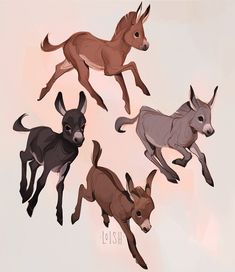 the image contains four illustrations of baby donkeys in various shades of brown and gray. they are depicted in playful poses, showcasing their youthful energy.