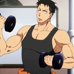 the image showcases a muscular, darkhaired anime character in the midst of a workout. he sports a determined expression, with his brow furrowed in concentration.  he's clad in a black tank top that accentuates his physique, and orange fabric peeks out from beneath, hinting at his lower attire. the scene is set against a backdrop reminiscent of a gym, with a white board behind him and a glimpse of a metallic structure in the corner, possibly exercise equipment. the lighting casts subtle shadows, enhancing his muscular definition.  content: man, workout, exercise, gym, anime people: man environment: gym, indoors lighting: soft lighting perspective: frontal view kw: anime, muscular, workout, gym, fitness, black tank top, dumbbells, determined expression, strong