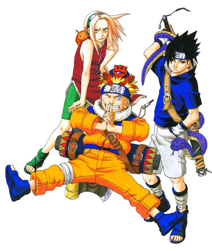 this image shows the three members of team 7 from the naruto series: naruto uzumaki, sasuke uchiha, and sakura haruno.  naruto is in the front, striking a pose with his hands clasped together. sasuke is behind him, holding a snake. sakura is to the left of naruto, with her hands on her hips. all three of them are wearing their signature clothes from the series.