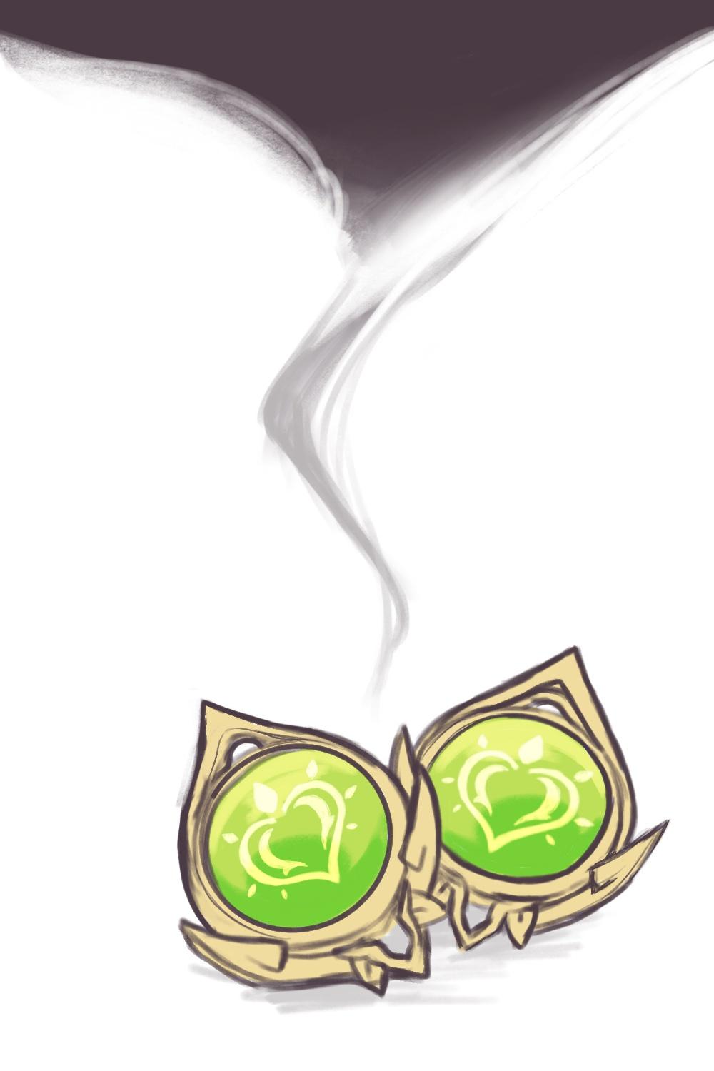 two golden pendants with green heart symbols are seen on a white surface. the pendants are elaborately decorated with intricate details and have a delicate, feminine aesthetic. the image evokes a sense of beauty and elegance, with the focus on the intricate details of the pendants.  the image is rendered in a simple, cartoonlike style. the background is a soft, hazy white, which creates a sense of focus on the pendants. the image is likely from a comic book or graphic novel, as it has a stylized and exaggerated aesthetic.