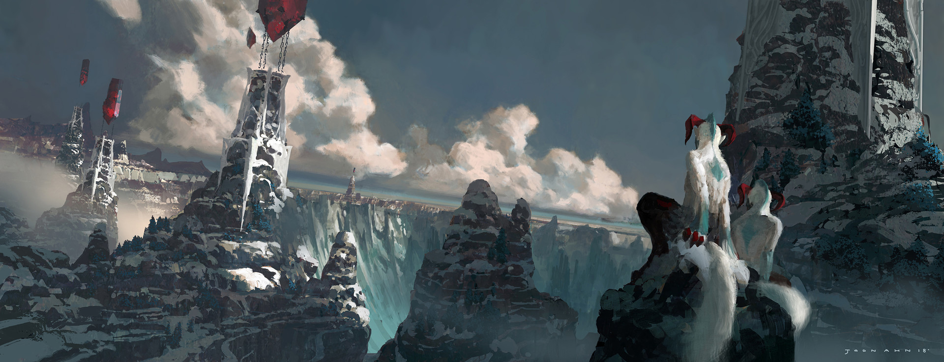a woman with red hair and clothing details sits perched on a snowy, rocky cliff edge, overlooking a vast, icy chasm. she is accompanied by a large, white foxlike creature. in the distance, towering mountain peaks pierce the cloudy sky. on the left, a tall, spirelike structure stands atop a mountain, with red, hotair balloonlike objects floating nearby. the overall atmosphere is cold, dramatic, and evocative of a fantastical world.