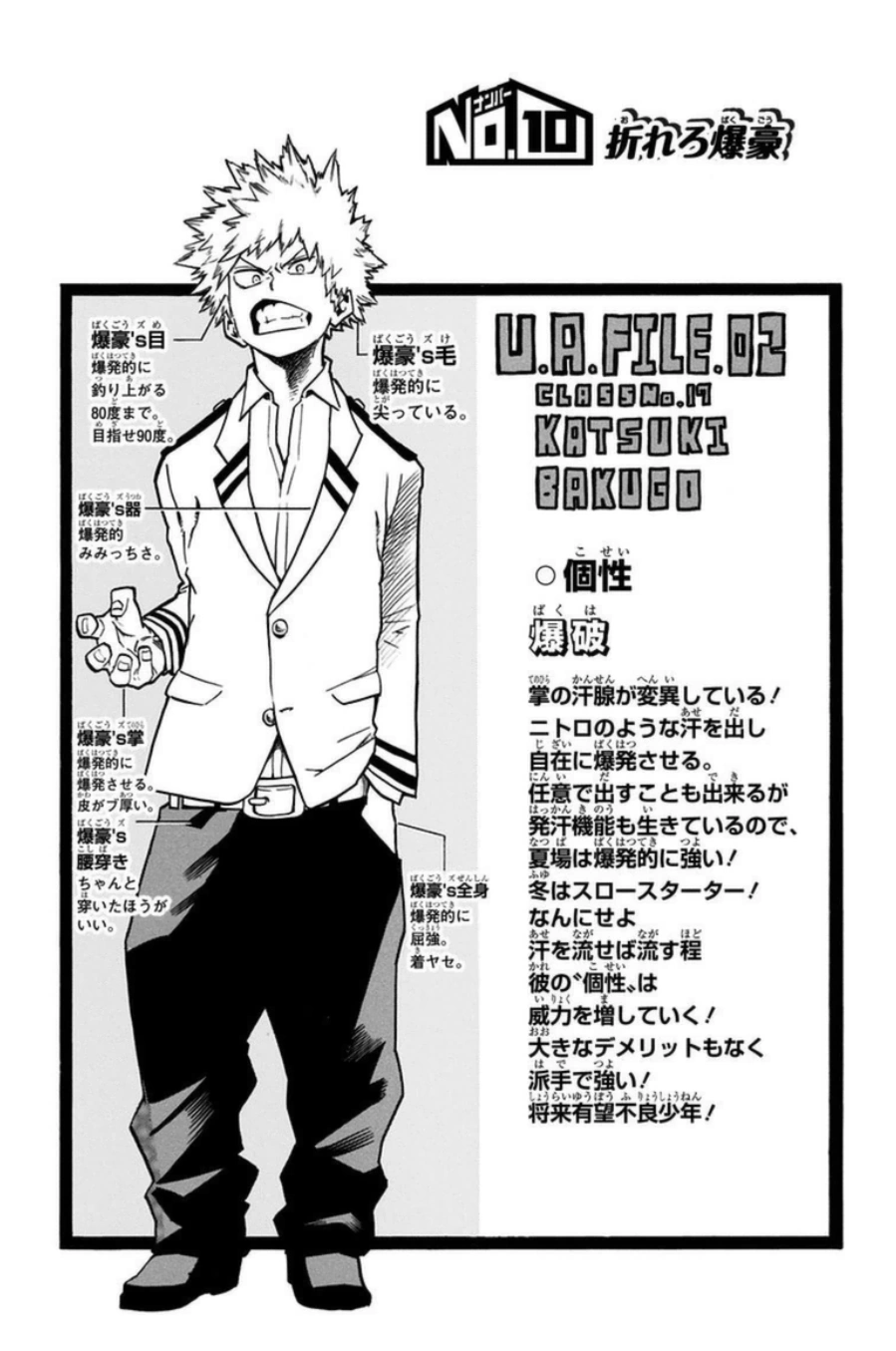 a black and white manga page featuring a young man with spiky blond hair. he's wearing a school uniform and is standing with one hand in his pocket. surrounding the image is japanese text, providing details about the character's appearance and abilities. the character's name, katsuki bakugo, and his "explosion" power are highlighted.