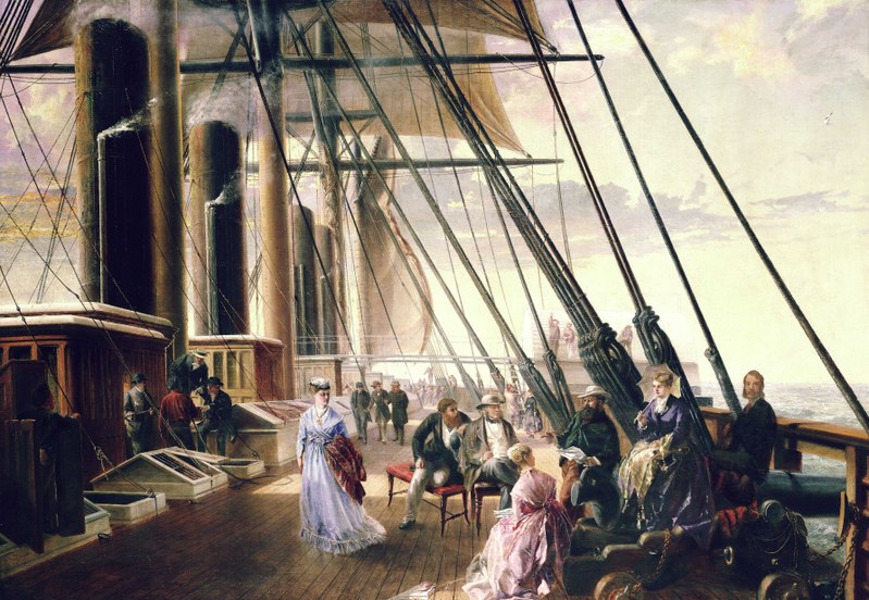 a painting depicting a scene on the deck of a steamship. several people, including women in long dresses and men in suits and hats, are seen on the deck. the ship has tall masts with rigging and sails, as well as steam funnels. canons are present on the deck. the scene is bathed in sunlight.