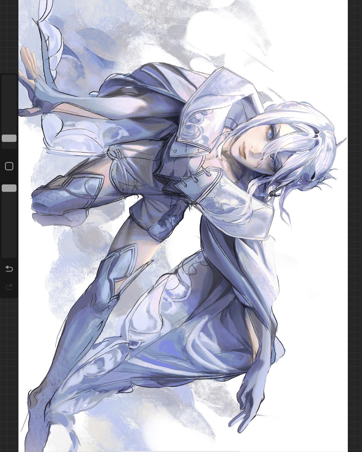 a digital sketch of a young female warrior with silver hair and blue eyes, clad in ornate white and blue armor, is captured midmotion against a white background. her flowing cape and dynamic pose suggest agility and grace. the soft lighting enhances the ethereal quality of the character.