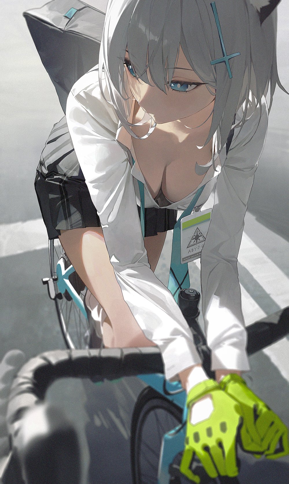 the image showcases an anime girl with white hair and blue eyes dressed in a white shirt and schoolstyle skirt, riding a bicycle. the perspective is from a high angle, looking down on her as she grips the handlebars. the background suggests an urban street setting with soft, natural lighting casting shadows across the scene.