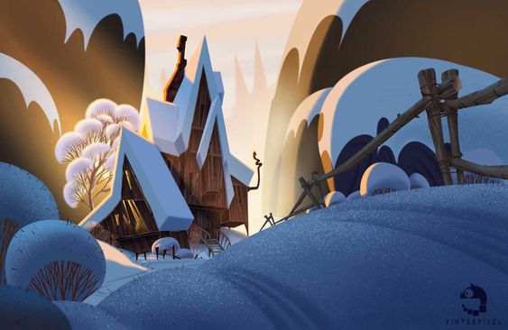 a charming, angular house sits nestled in a snowy landscape.  the setting sun bathes the scene in a warm, golden light, contrasting with the cool blues and purples of the snow and shadows.  a rustic wooden fence leads the eye towards the house.