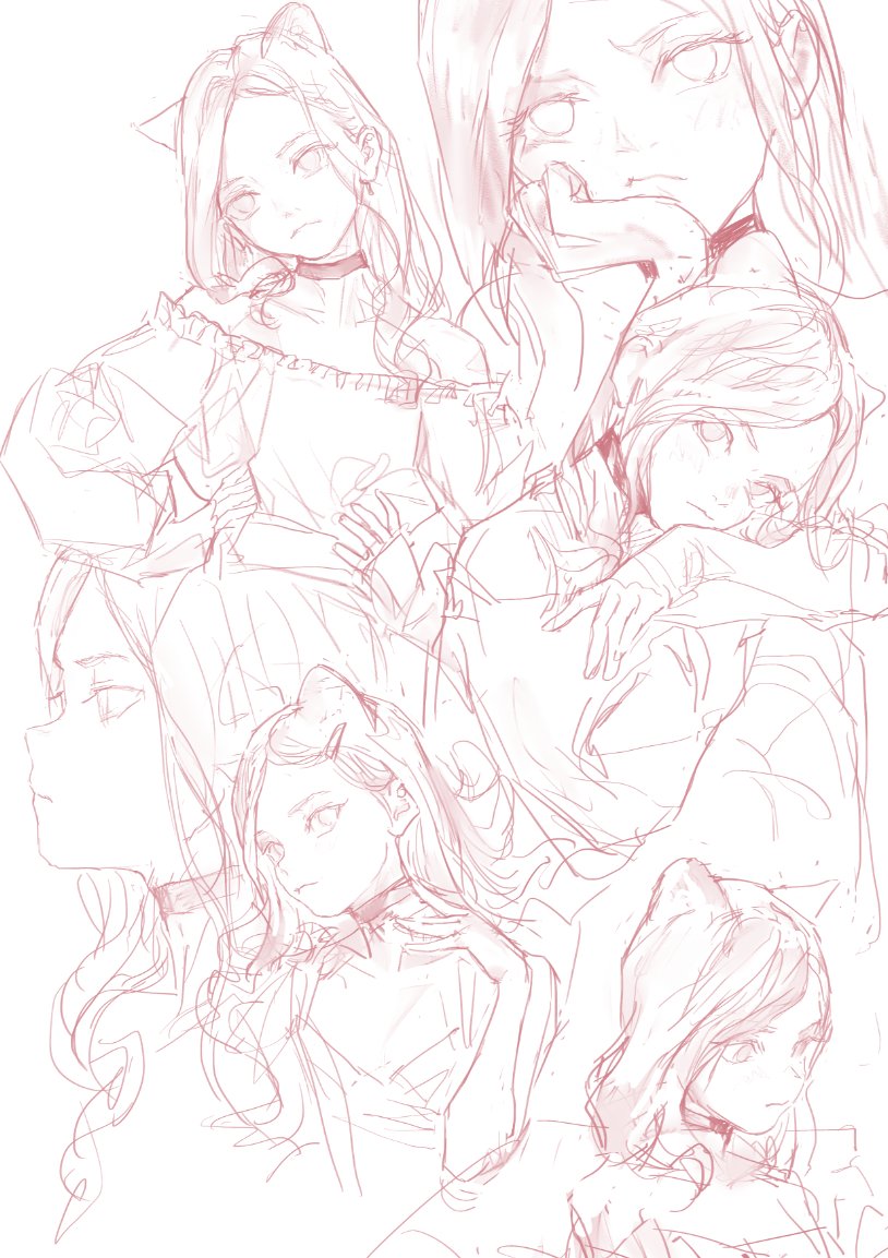 the image shows a sketch of an anime or manga style girl with cat ears. there are multiple poses of the girl, including a fullbody view in a dress, closeup portraits, a side profile, and various hand gestures. the artwork is in a light pink color.