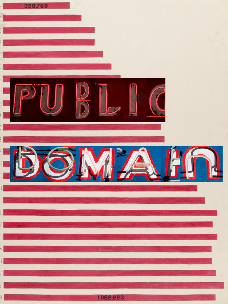the image depicts a bar chart overlaid with the words "public domain" in a vibrant neon sign style. the chart suggests a comparison of data points, with the highest value labeled as "338,769" and the lowest as "1,082,223". the use of neon typography against a chart background creates a visually striking contrast, emphasizing the concept of public domain in a bold and attentiongrabbing manner.