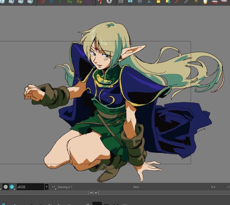 a digital painting of an animestyle elf girl. she is kneeling and has long blonde hair, wearing a blue and green outfit. the image shows the artwork in progress on a digital art program, likely clip studio paint. the interface of the program is visible, including toolbars and palettes.  the overall style is vibrant and stylized, characteristic of anime and fantasy art.