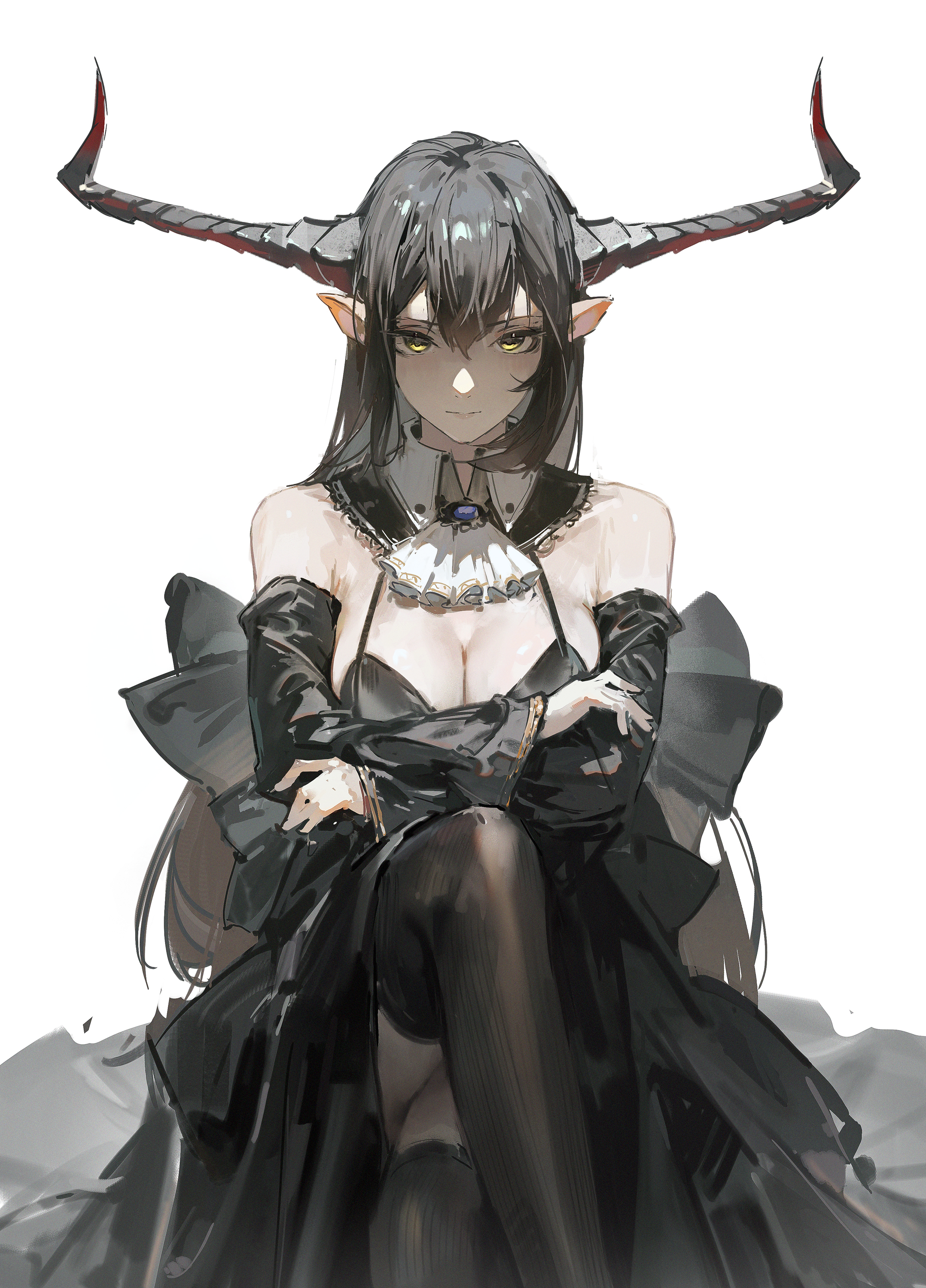 a beautiful anime girl with black horns and long black hair is sitting in a black dress. she is wearing a white collar and her dress is lowcut. she is sitting with her legs crossed and her hands in her lap. her eyes are yellow and she has a serious expression on her face. she is in a dark and mysterious setting, and the art style is gothic and elegant.