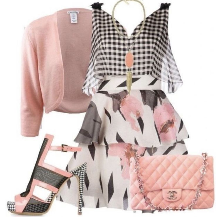 the image shows a curated outfit featuring a layered skirt with a floral and geometric pattern, a checkered top, a pink cardigan, pink heels with a checkered pattern, a pink quilted chanel handbag, and a gold necklace with a pink pendant.