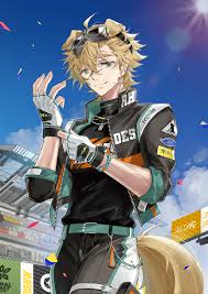 the image shows an anime character with blond hair, glasses, and dog ears. they are wearing gloves and a jacket, and they have a tail. the character is standing outdoors.
