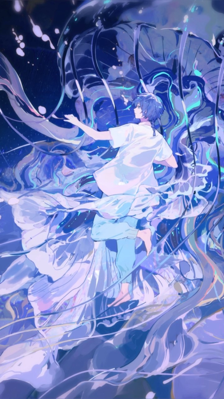he image is a digital painting or illustration of an animestyle boy who appears to be floating in a dreamy, surreal underwater scene. he has blue hair and is wearing a white shirt and light blue pants. his body is surrounded by translucent, flowing blue and purple tendrils that resemble jellyfish or seaweed, creating a sense of movement and fluidity. the overall color palette is soft and pastel, with shades of blue, purple, and white dominating the scene. the style is highly artistic and imaginative, conveying a sense of peace, calm, and ethereal beauty. the composition is dynamic yet harmonious, guiding the viewer's eye through the flowing lines and forms. the level of detail is impressive, showing texture and depth in the flowing fabrics and underwater environment. the scene suggests a dream or a fantasy world, filled with mystery and magic.