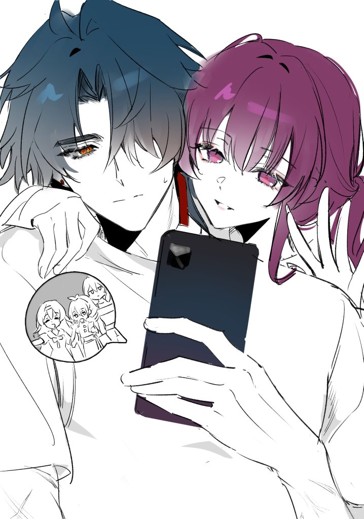 the image is a digital drawing in an anime/manga style depicting a young couple intimately close. the male character, with dark blue hair and golden eyes, has his arm around the female character, who has vibrant purple hair and pink eyes. they are looking at a smartphone, where a smaller image of three girls, presumably their friends, can be seen in a thought bubble. the overall style is a blend of sketchlike lines and softer shading, creating a feeling of warmth and intimacy between the central couple.  the art style suggests a focus on emotional expression and connection.