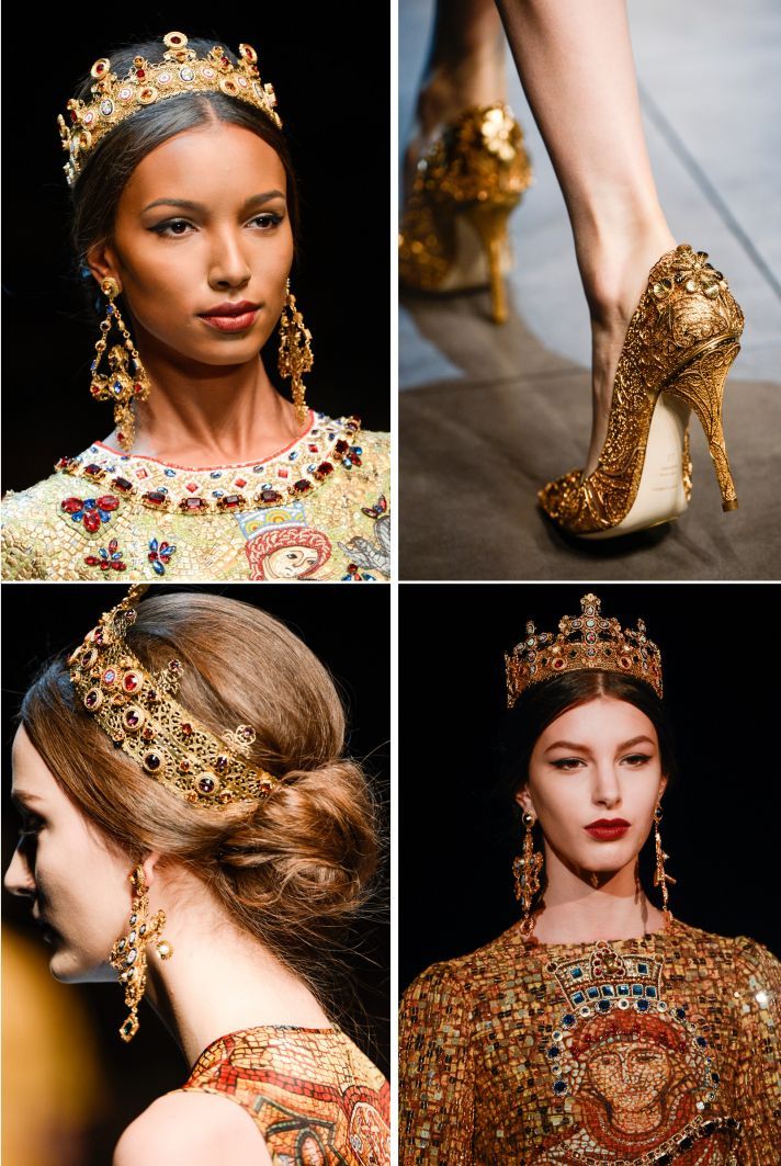 the image is a collage showcasing various aspects of a dolce & gabbana fashion show, likely from an autumn/winter collection.  it features four separate photos.  two show models wearing elaborate gold crowns or tiaras; one with a more regal, larger crown and the other with a smaller, headbandstyle tiara. both models are adorned with ornate gold earrings and are wearing dresses with rich mosaiclike patterns. a third photo showcases a pair of incredibly detailed gold highheeled shoes, also heavily ornamented. the fourth photo shows the back view of a model's intricate updo hairstyle. all elements of the collage point to a highly luxurious and opulent aesthetic, drawing on byzantine or italian renaissance influences. the overall style is dramatic, regal, and very richly detailed.