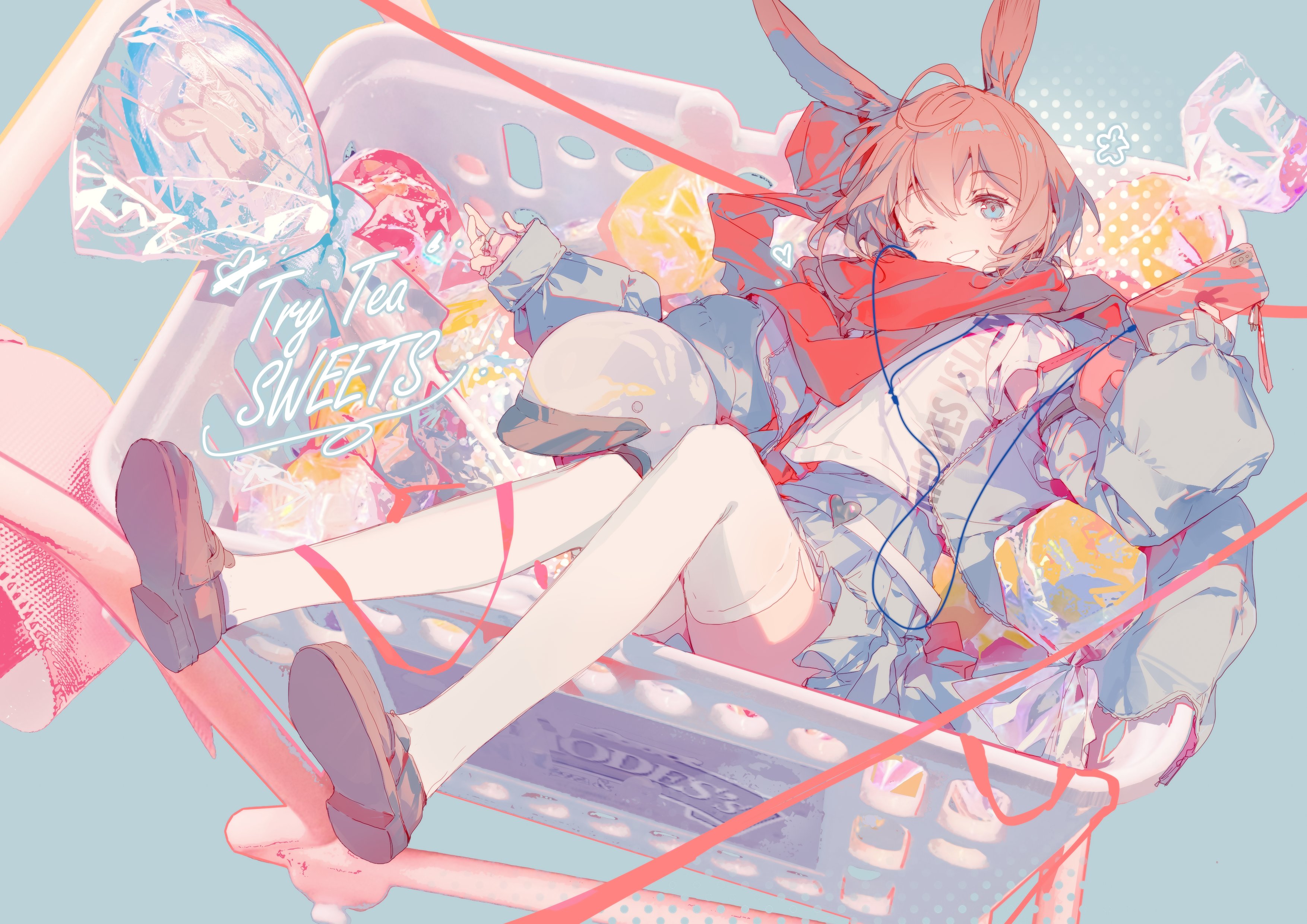 an animestyle illustration of a girl with bunny ears lying down in a shopping cart filled with candies. she is winking, wearing headphones, a school uniform with a jacket, and a hat is next to her. the cart has text "try tea sweets" on the side and is decorated with ribbons.