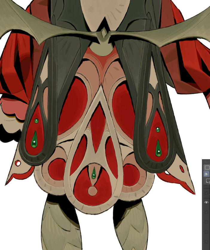 the image is a closeup digital painting or illustration of a stylized character's lower body and torso. the character is wearing a complex, ornate outfit dominated by red and beige colors with green accents. the garment features winglike structures and intricate patterns, suggestive of fantasy or fairytale clothing. the style is highly stylized, with smooth color blending and a focus on shape and texture rather than photorealism.  the artist has clearly put a great deal of effort into the design and detail of the costume. the image is likely a piece of concept art or character design work, potentially for a game, animation, or book.