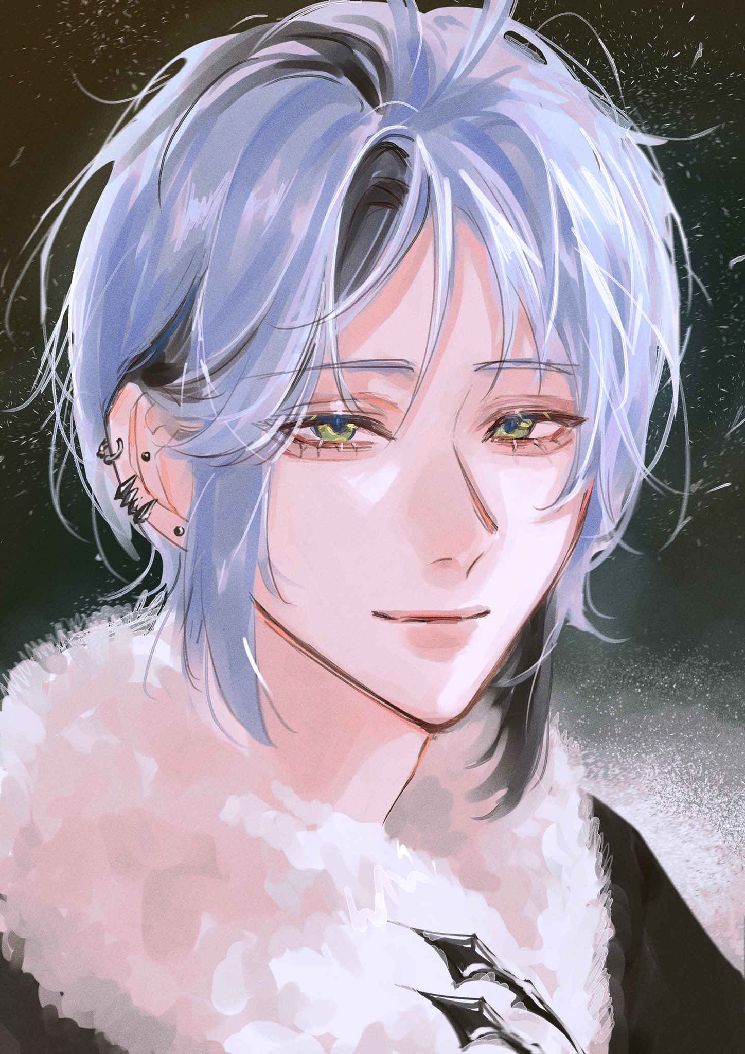 a closeup portrait of an anime boy with blue hair and green eyes. he is smiling softly and looking at the viewer. he is wearing a white fluffy collar and has black piercings in his left ear. the background is a soft blur of gray and white.