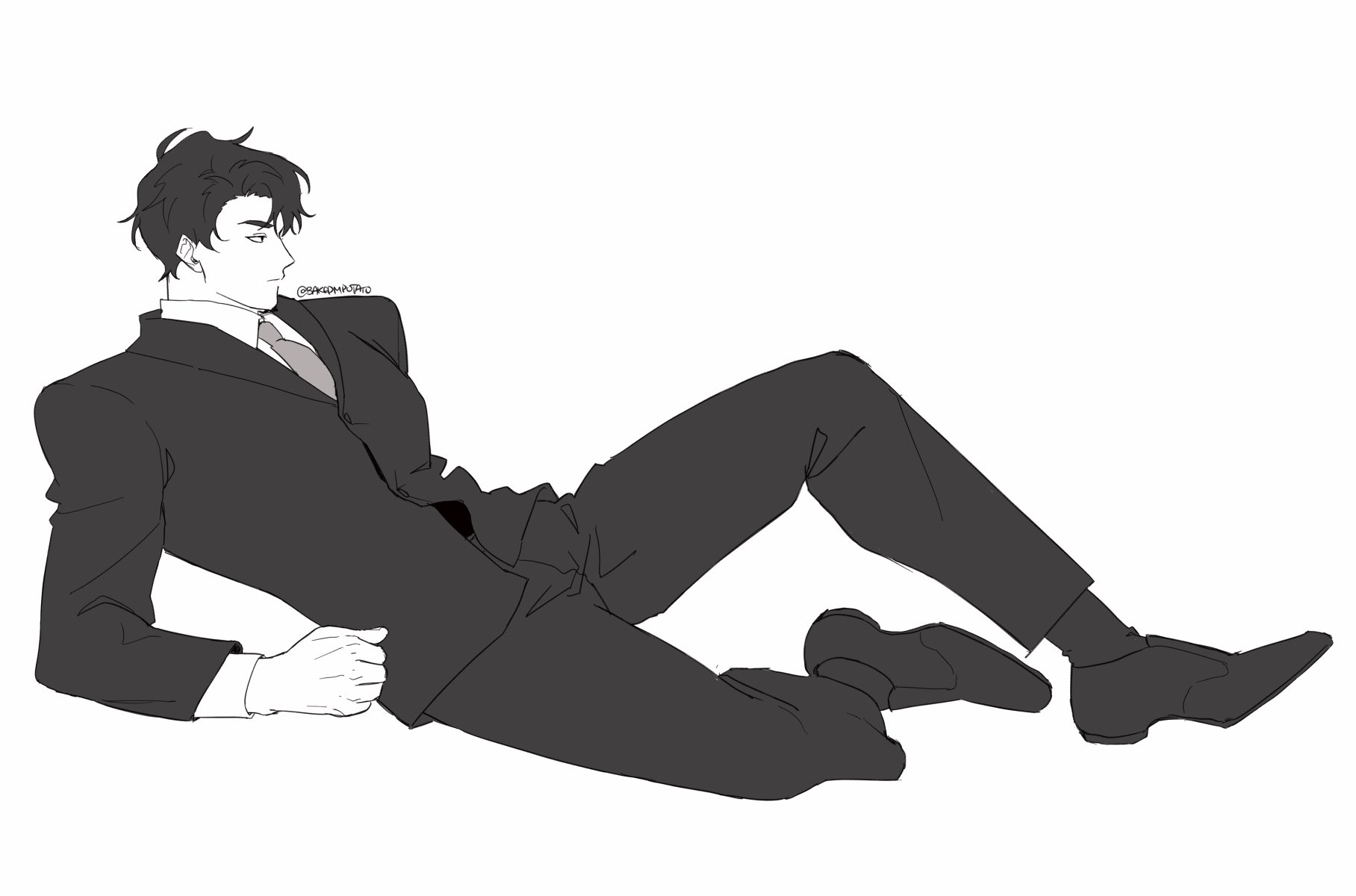 a handdrawn illustration of a man in a suit, lying down and looking to the side.  he is wearing a black suit, white shirt, and black shoes. the drawing is in a simple style, with black outlines and grey shading. the background is white.