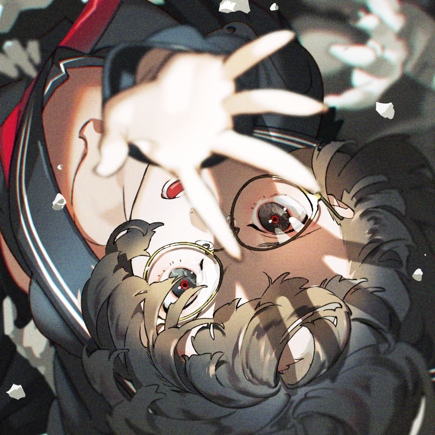 a stylized drawing of a young woman with large round eyeglasses falling against a dark background. only her upper body is visible, with her head and shoulders taking up most of the image. her expression is a mixture of fear and surprise, her mouth slightly open as she reaches out with her right hand toward the viewer. her hair is short and light brown, her eyes large and expressive.  the overall tone is dramatic and tense.