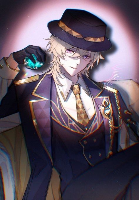 the image is a piece of digital fanart depicting a stylish anime boy. he has long blonde hair,  is wearing a dark purple suit with gold detailing, a fedora hat, and gloves. he holds a large, teal gemstone in one hand. his pose is confident and relaxed, leaning back in what appears to be a chair. the background is a muted purple and pink, creating a dramatic and sophisticated ambiance. the overall style of the art is clean and detailed, with a focus on the character's attire and expression.