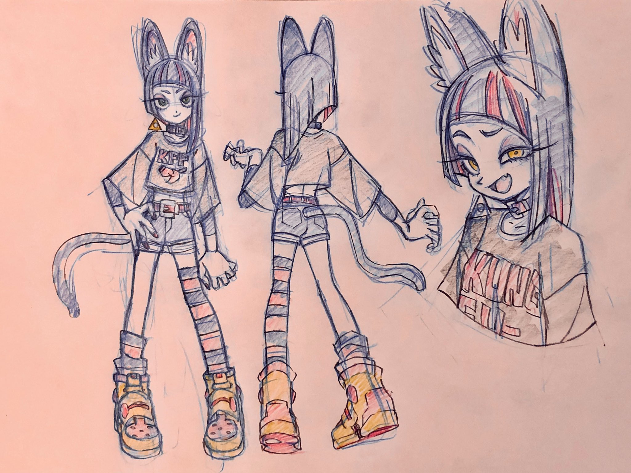 the image is a character design concept sketch of a cat girl, featuring three different views of the character. the style is loose and expressive, typical of concept art. the character has black hair with red streaks, piercing yellow eyes, and a playful, slightly mischievous expression. she's wearing a black graphic crop top, denim shorts, striped socks, and chunky sneakers, giving her a trendy and edgy look. cat ears sprout from her hair, and a long tail is visible in the side view, confirming her feline nature. the overall impression is of a confident and cool character with a hint of mischief.