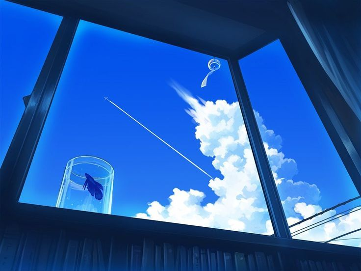 an image featuring a window view with a clear blue sky and white clouds. a wind chime hangs outside the window. a jet airplane contrail cuts across the sky. a glass container sits on the window sill with a blue fish inside. rows of books are stacked under the window. electrical power lines are visible in the background.
